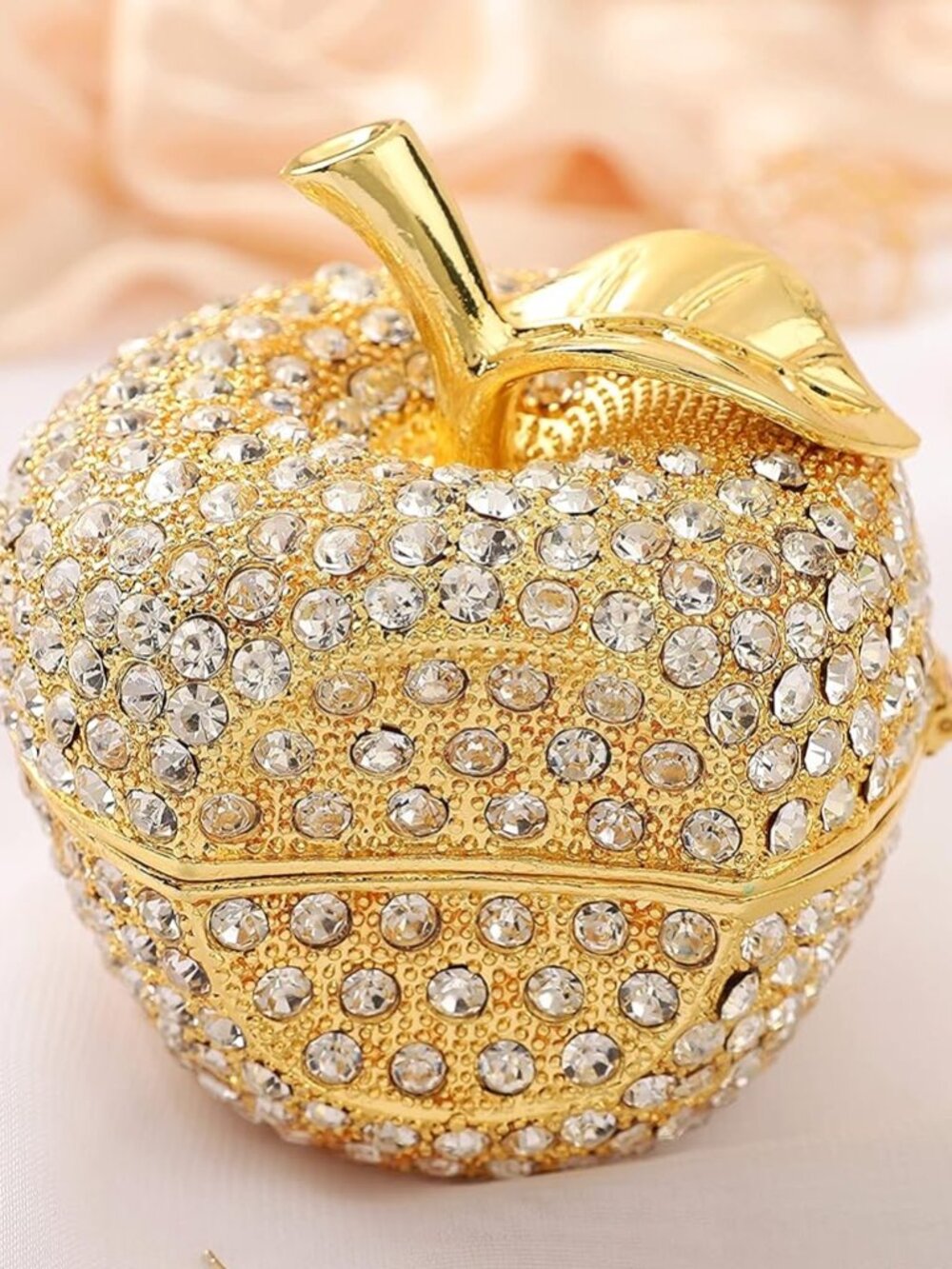 Golden Apple Jewelry Trinket Box Beautiful Rhinestones Hinged Box Rings Earrings